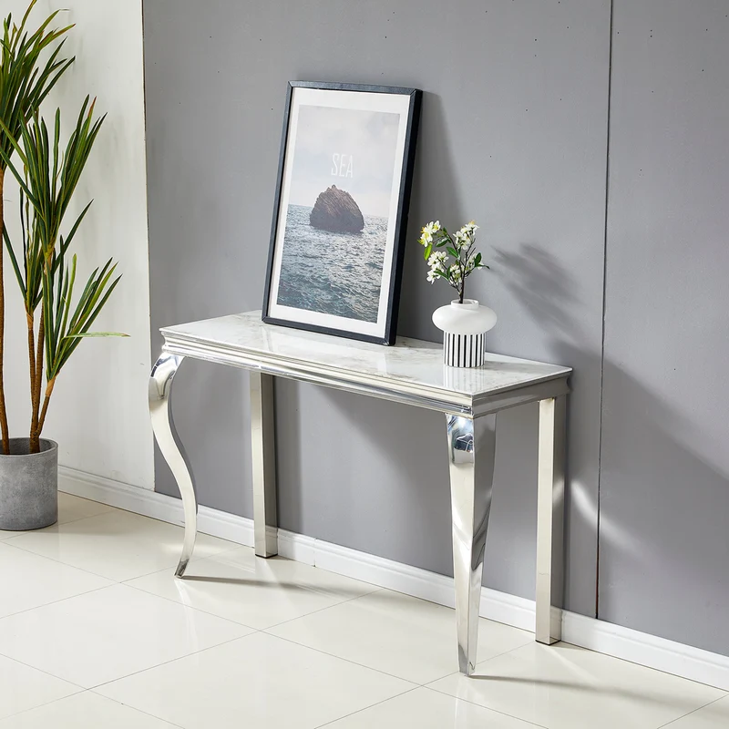 Console Baroque rectangulaire marbre blanc pieds argent 120cm