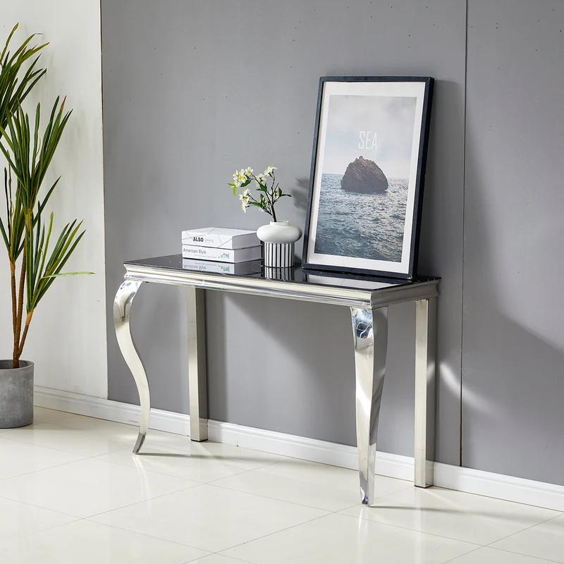 Console Baroque rectangulaire marbre noir pieds argent 120cm
