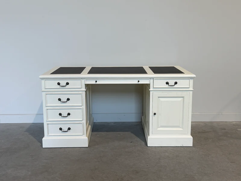 Vintage bureau, wit, klassiek Engels bureau, mahoniehout, zwart leer, 704
