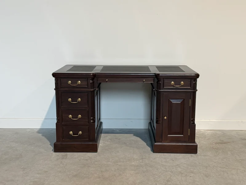 Vintage bureau, donker kers, klassiek Engels bureau, mahoniehout, zwart leer, 707
