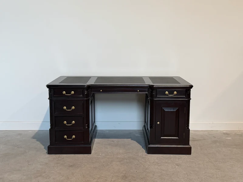 Vintage bureau, donker kers, klassiek Engels bureau, mahoniehout, zwart leer, 705