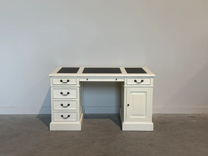 Vintage bureau, wit, klassiek Engels bureau, mahoniehout, zwart leer, 704