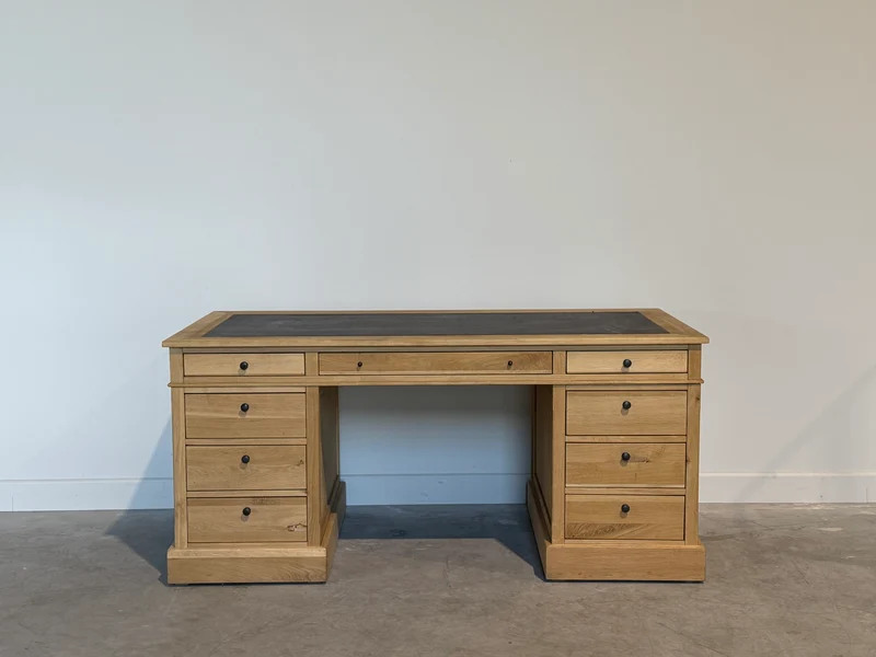 Vintage bureau, klassiek Engels bureau, eikenhout, bruin leer, 699