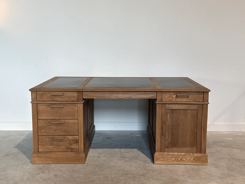 Vintage bureau, partnerdesk, klassiek Engels bureau, eikenhout, zwart leer, 698