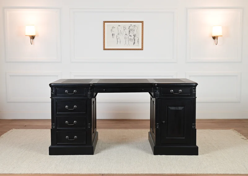 Pillar 160x80 zwart, Messing grepen, klassiek Engels bureau, massief mahoniehout