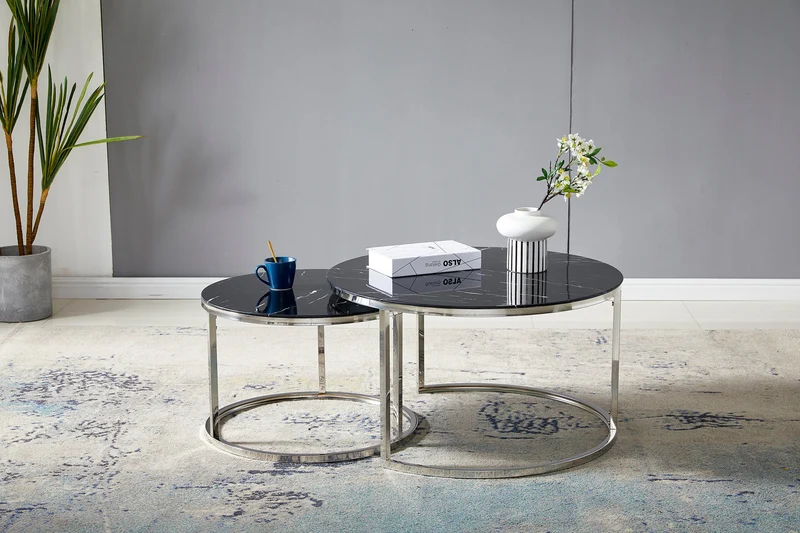 Table basse Gigogne duo marbre noir pied chrome 60-80cm