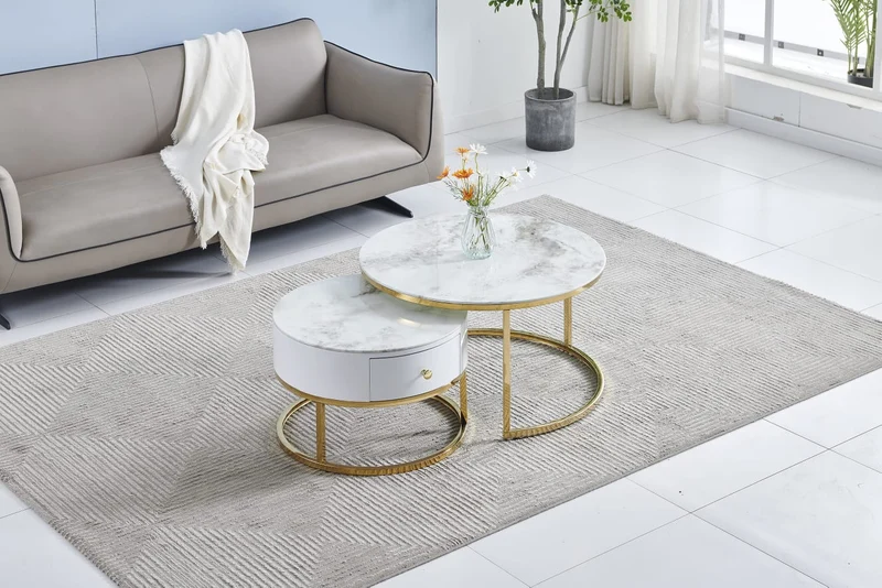 Table basse Gigogne duo tiroir pied doré 60-80cm