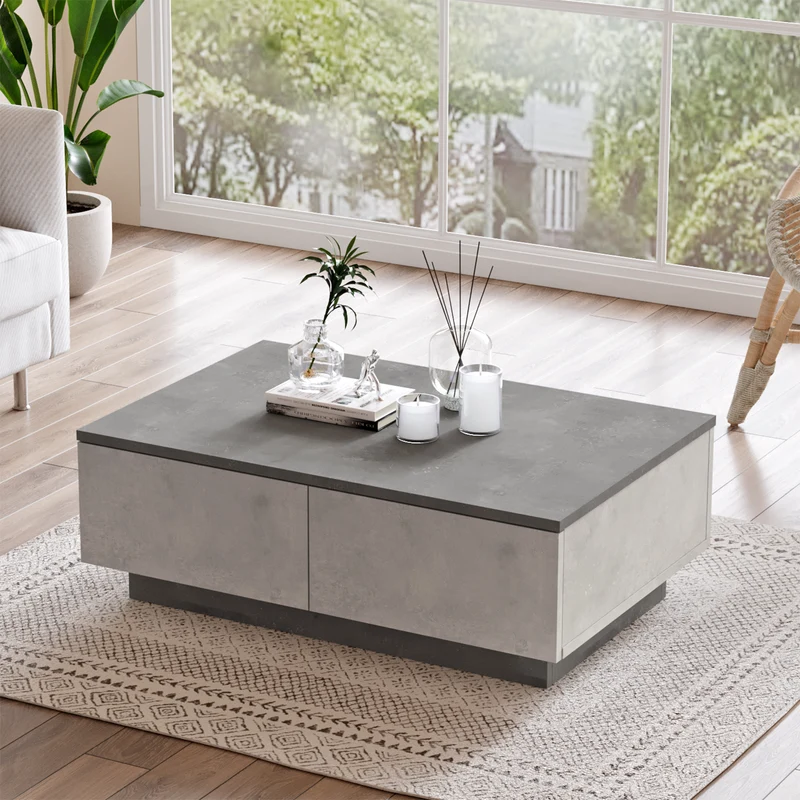Table basse design ELYSEO GRIS effet béton ciré et bois clair - Style industriel moderne avec rangements fermés