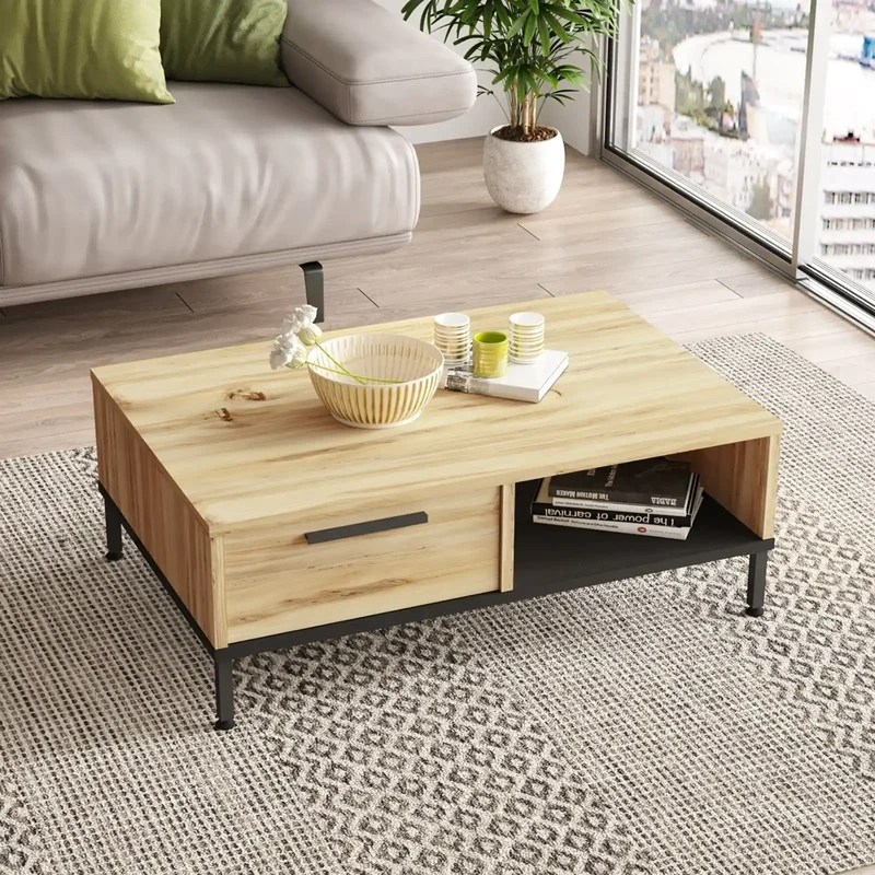 Table basse CALLISTO bois clair et métal noir - Design industriel moderne avec tiroir et étagère de rangement