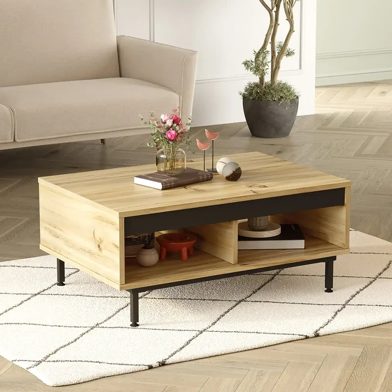 Table basse DIONE bois clair et pieds acier noir – Style moderne industriel avec rangements – Design scandinave robuste et compact