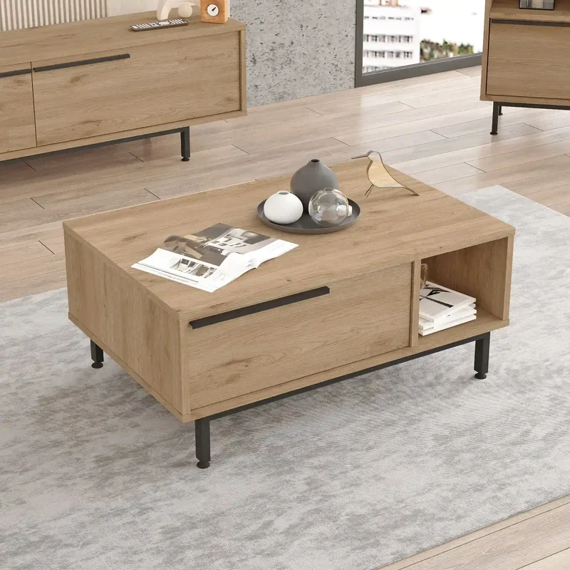 Table Basse Vega - Bois Clair & Acier Noir - Design Moderne avec Rangement
