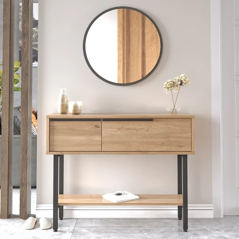 Console d’entrée CYRIUS bois clair avec miroir | 100x30 cm | Style scandinave design