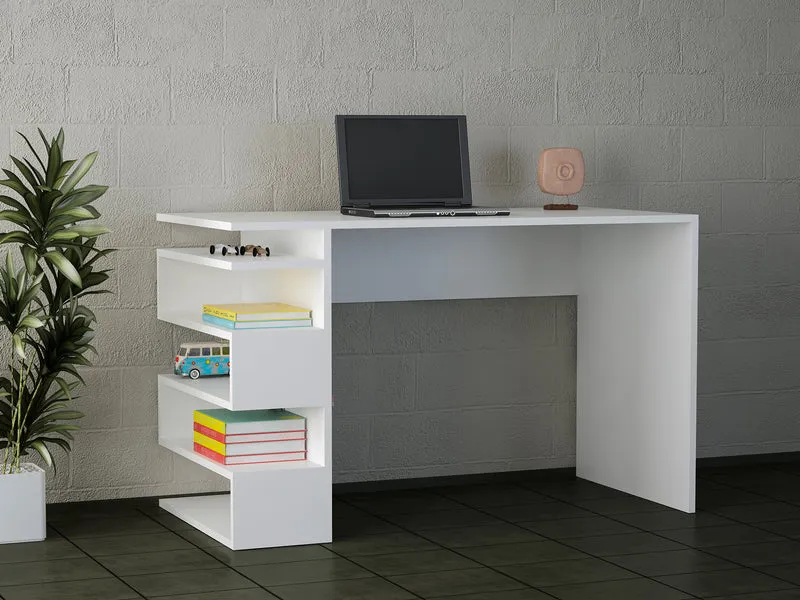Bureau Optimeo Blanc avec Rangement Intégré - Grand Plateau et Étagères - Design Moderne