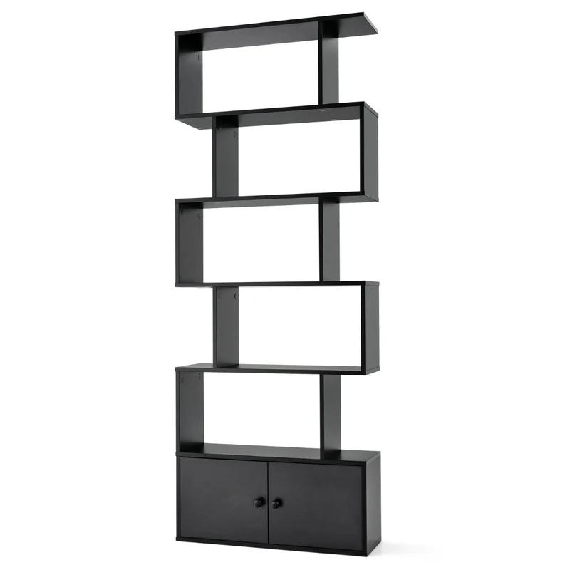 Costway - Étagère Bibliothèque, Etagere de Rangement, Etagere Colonne, Etagere Salon, Échelle en Bois à 6 niveaux avec 2 Portes, Noir