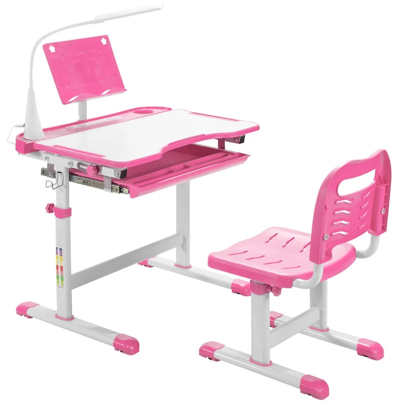 Costway - Bureau Enfant, Chaise Enfant, Table et Chaise Enfant, Bureau Enfant primaire avec Éclairage LED Plateau Incliné, Réglable en Hauteur, Rose