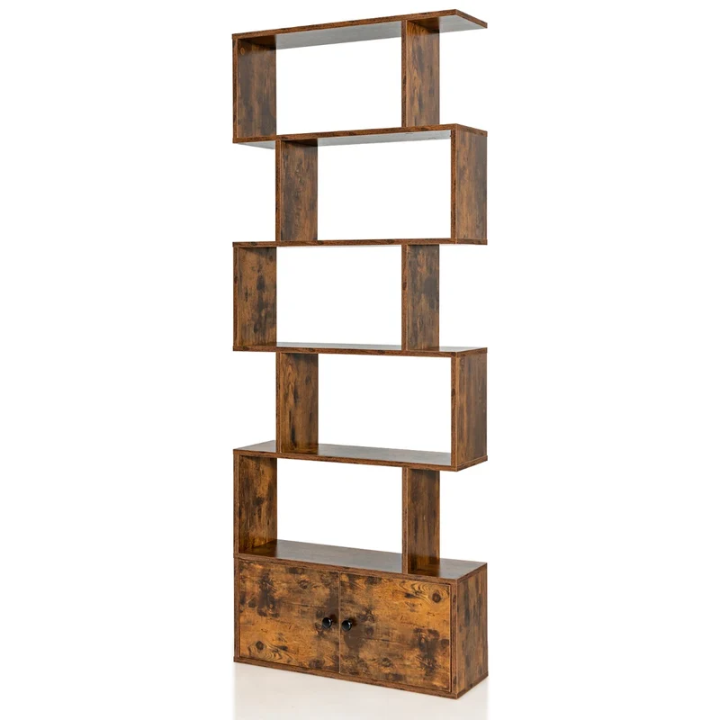 Costway - Étagère Bibliothèque, Etagere de Rangement, Etagere Colonne, Etagere Salon, Échelle en Bois à 6 niveaux avec 2 Portes, Marron Rustique