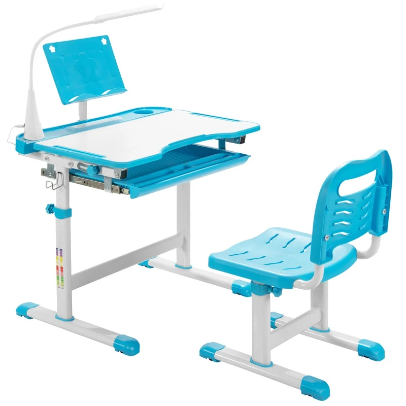 Costway - Bureau Enfant, Chaise Enfant, Table et Chaise Enfant, Bureau Enfant primaire avec Éclairage LED Plateau Incliné, Réglable en Hauteur, Bleu