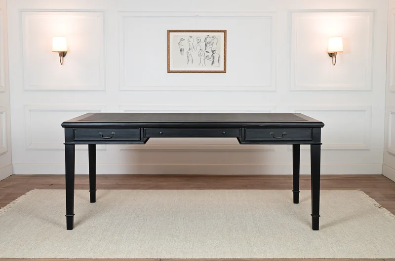 York 185x95 - klassieke Engelse schrijftafel - zwart - Messing grepen - mahoniehout