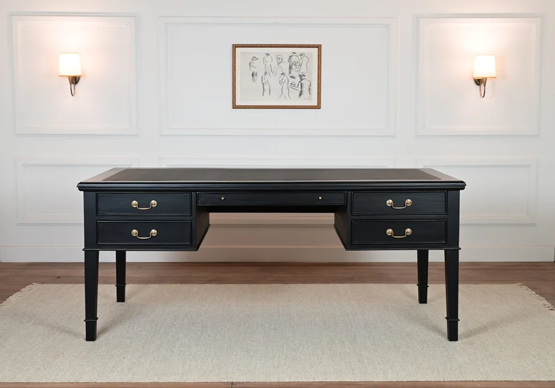 York Grande 185x95 - klassieke Engelse schrijftafel - zwart- Gouden grepen - mahoniehout