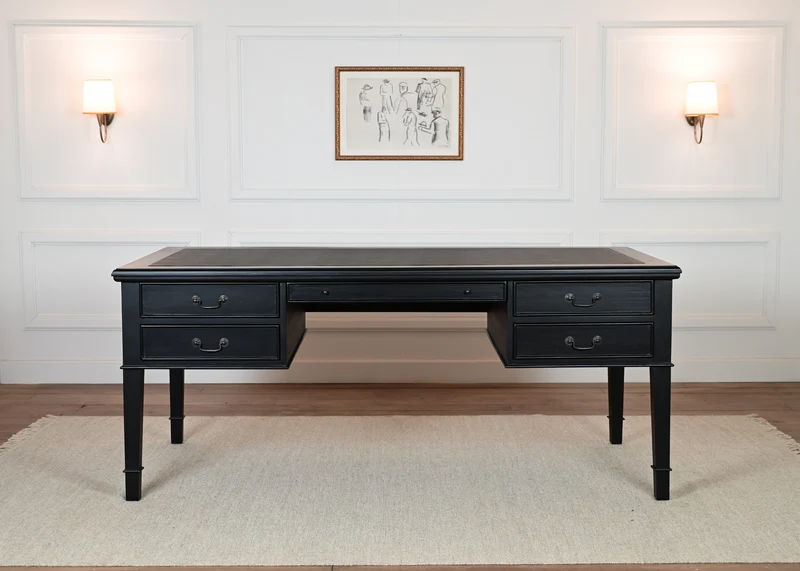 York Grande 185x95 - klassieke Engelse schrijftafel - Zwart - Messing grepen