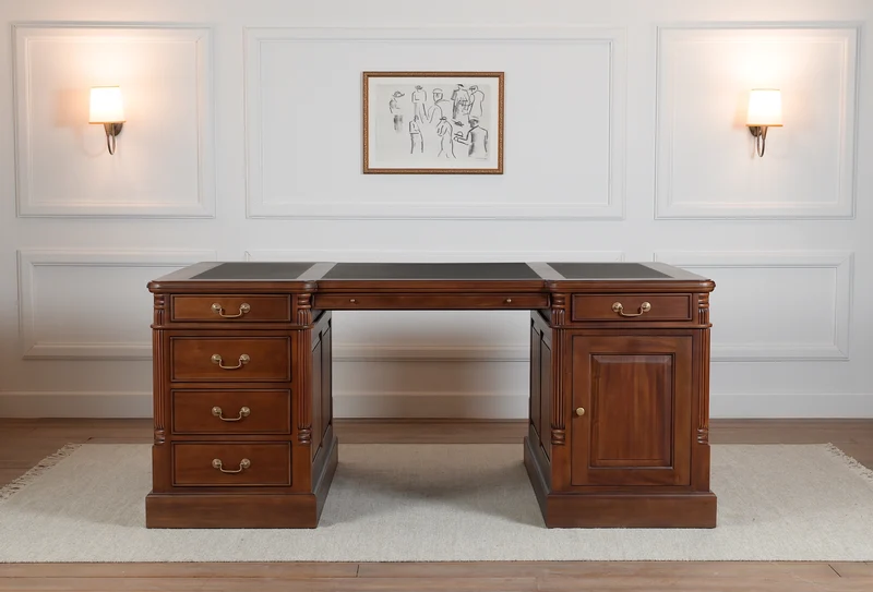Pillar 180x120 Amber, partnerdesk, klassiek Engels bureau, massief mahoniehout