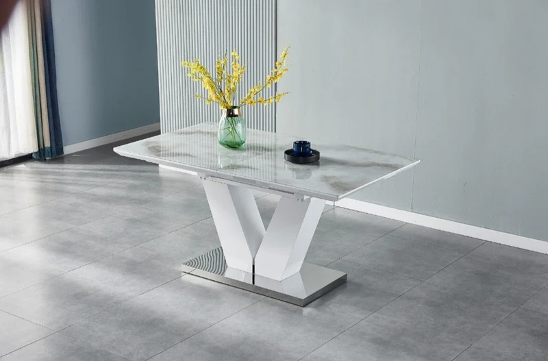 Table à manger V à rallonge marbre beige pied chrome 160-200cm