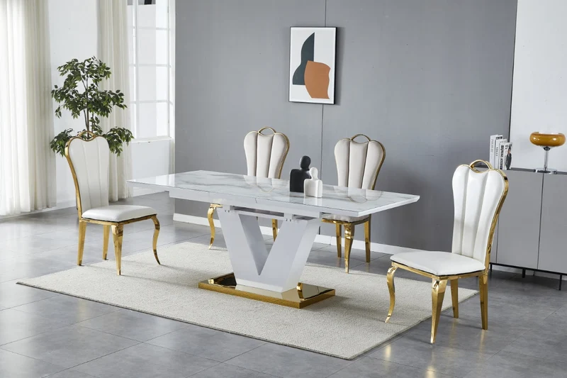 Table à manger V à rallonge marbre beige pied doré 160-200cm