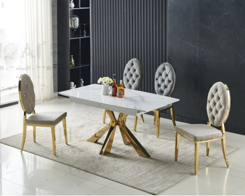 Table à manger à rallonge Spike pied doré marbre blanc 160-200cm