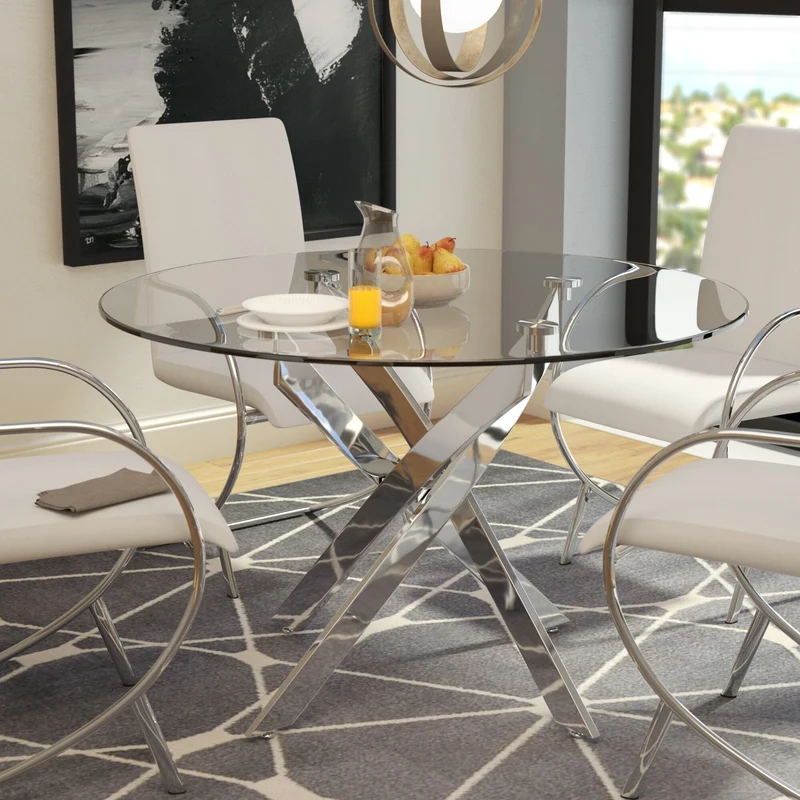 Table à manger Olivia ronde transparent pied chrome