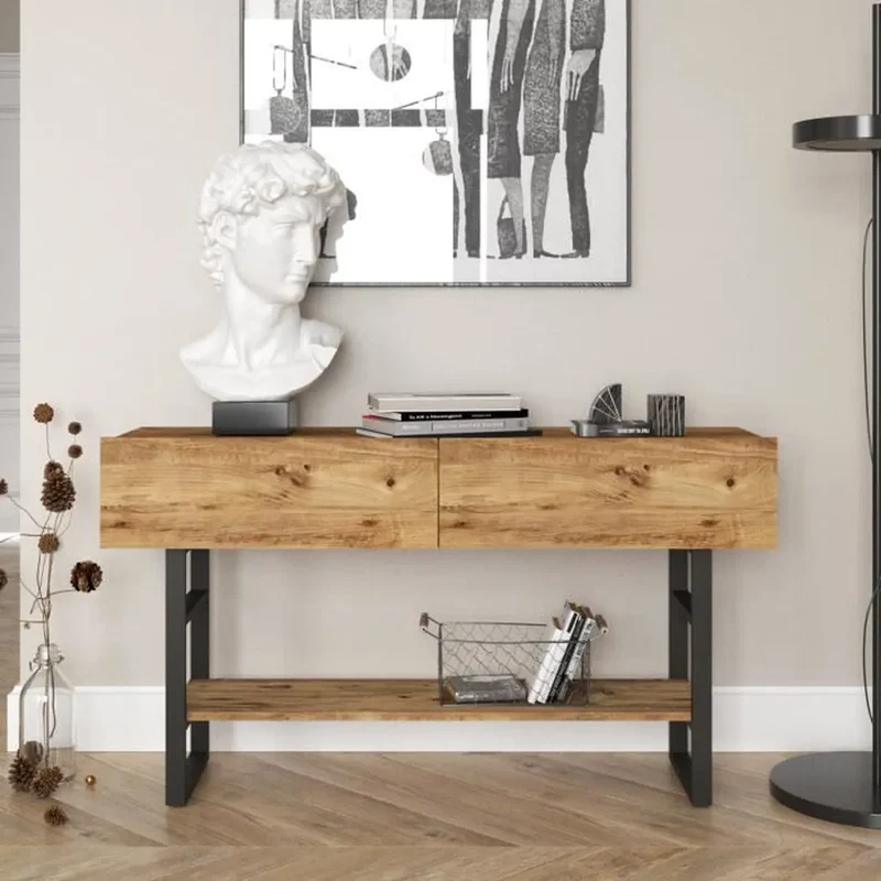 Console SÉOUL Bois Clair & Acier Noir – 140 cm | Design Industriel avec Rangement