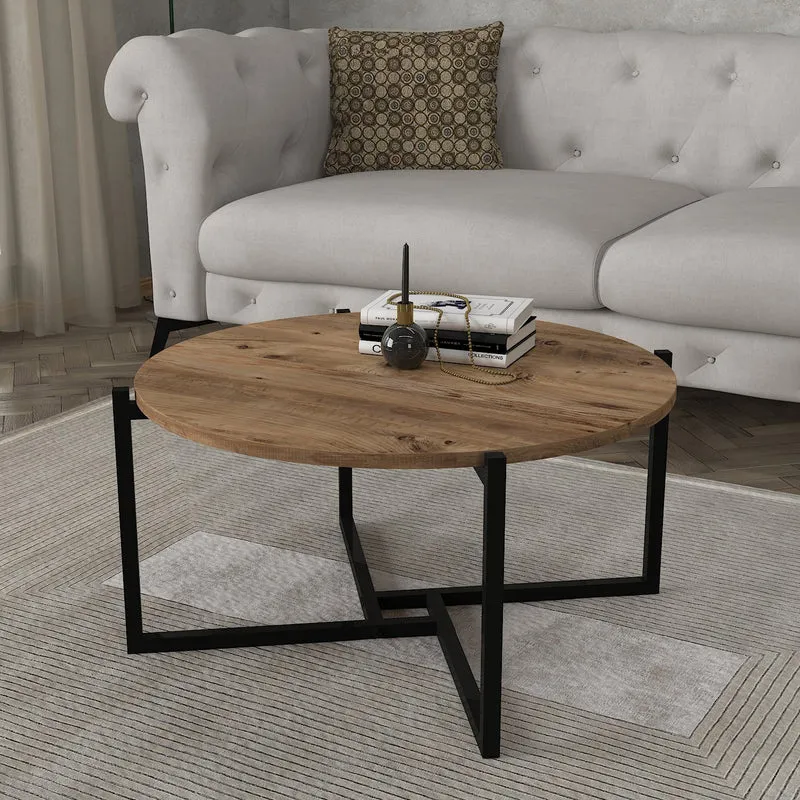 Table basse ronde bois et acier noir – design industriel moderne