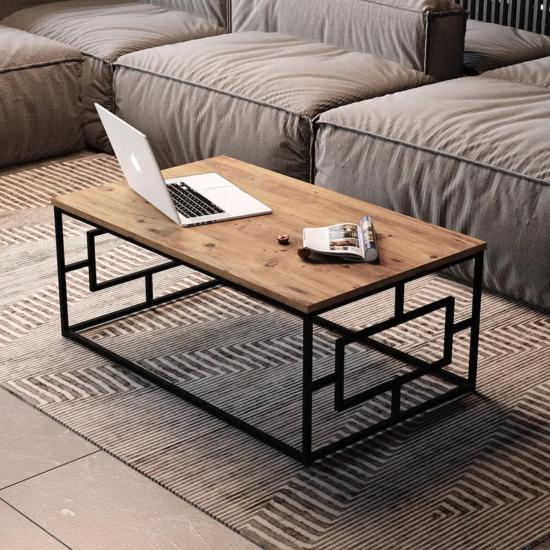 Table basse bois clair et métal noir BRISTOL - Design industriel moderne avec plateau rectangulaire