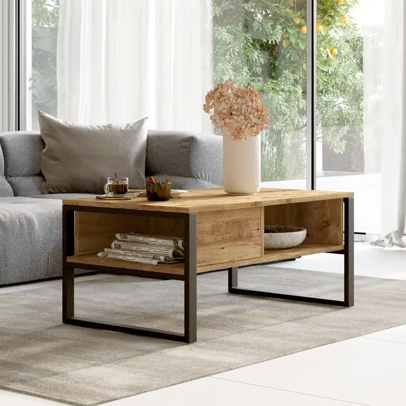 Table Basse "VALENCE" Bois CLAIR & Acier Noir - 100x60 cm - Bois épais 18 mm