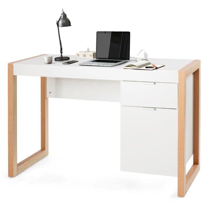Costway - Bureau d’ordinateur moderne avec 2 tiroirs, 112,5 × 50 × 75 cm, blanc