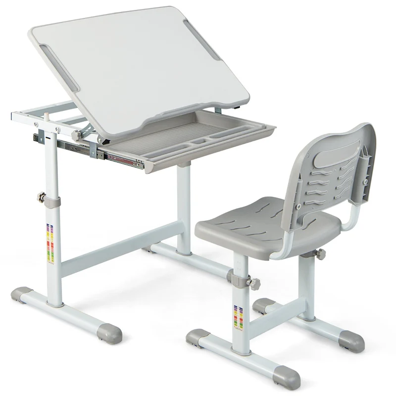 Costway - Bureau Enfant, Chaise Enfant, Table et Chaise Enfant, Bureau Enfant Primaire à Hauteur Réglable Inclinable 0-45° avec Plateau 1 Tiroir, Gris