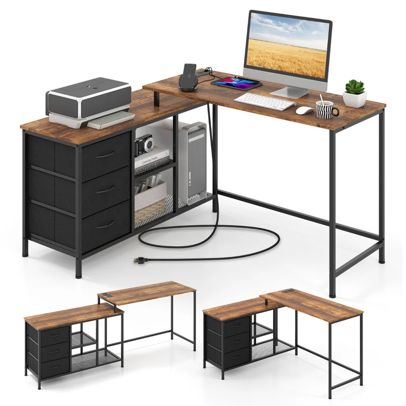 Costway - Bureau d'Angle, Bureau en L, Bureau Ordinateur, Bureau Informatique, Bureau Moderne, Table de Bureau, Poste de Travail, Marron Rustique