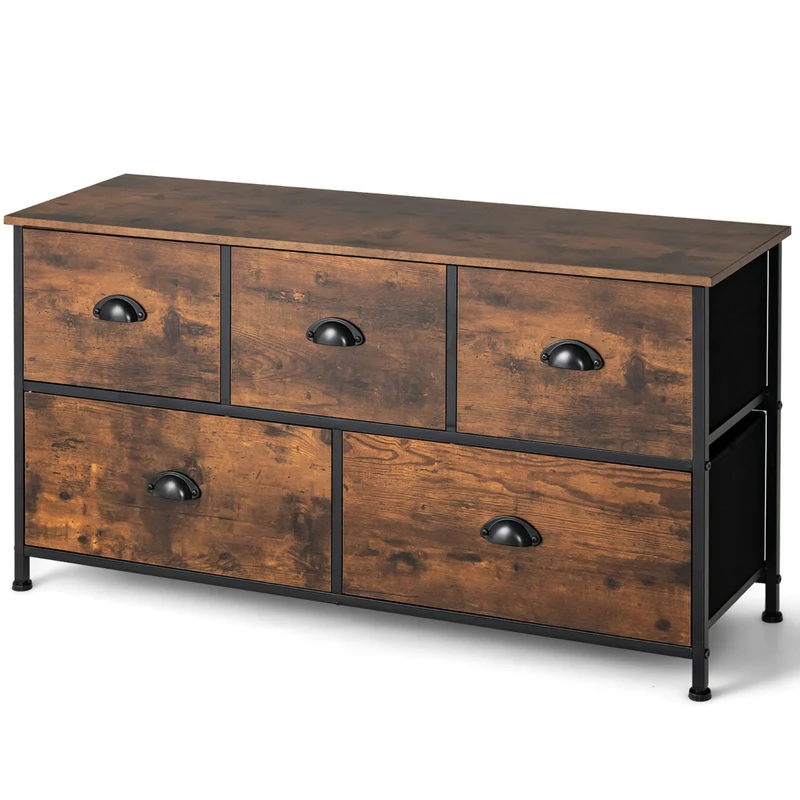 Costway - Commode, Meuble de Rangement, avec 5 Tiroirs Non-Tissés 100x30x54 cm, Cadre en Métal Surface en MDF, Commode Vintage, Marron Rustique, Noir