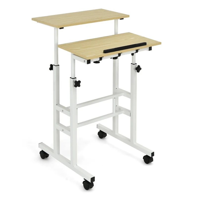 Costway - Bureau Assis Debout à Roulettes, Bureau Ordinateur, Bureau Informatique, Bureau Moderne, Hauteur Réglable 72-124 cm, Natrurel