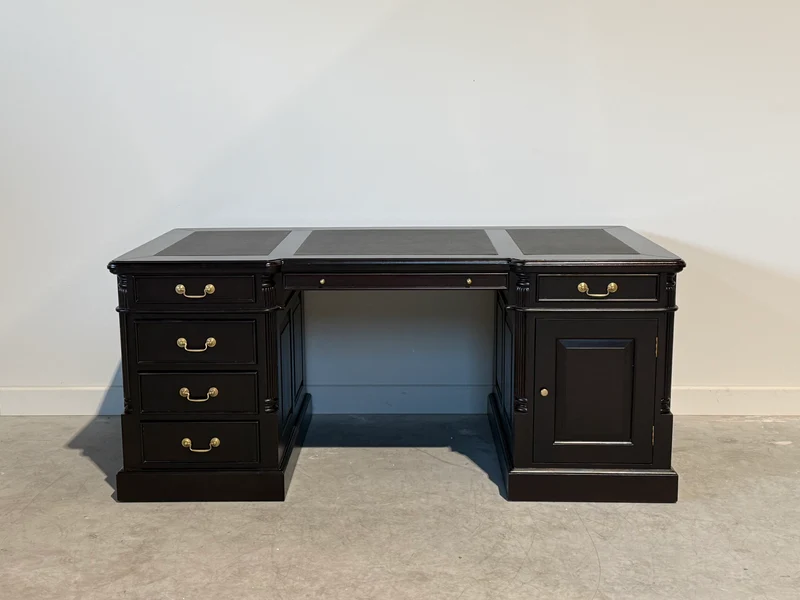 Vintage bureau, donker kers, klassiek Engels bureau, mahoniehout, zwart leer, 706
