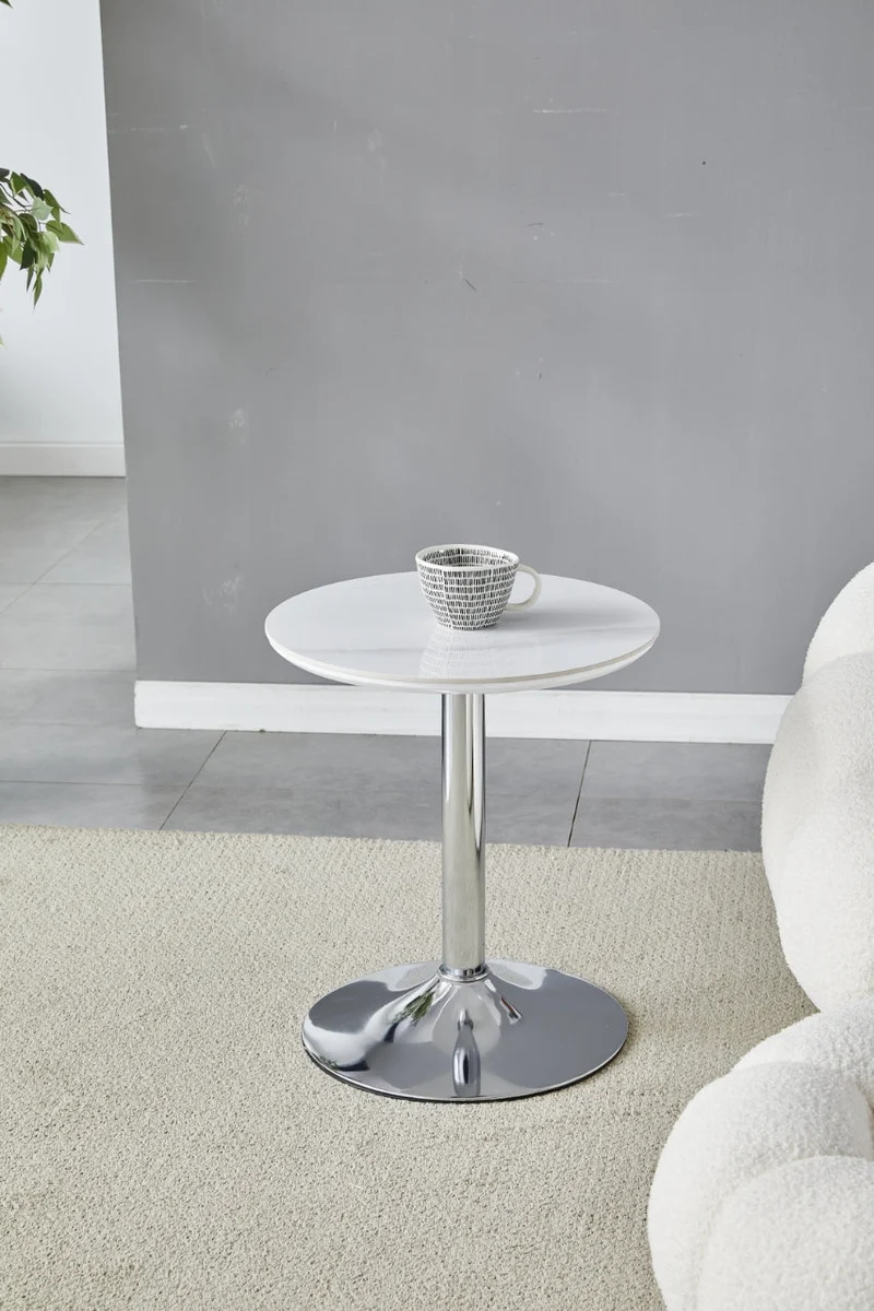 Guéridon Goya rond argenté céramique marbre blanc 44cm