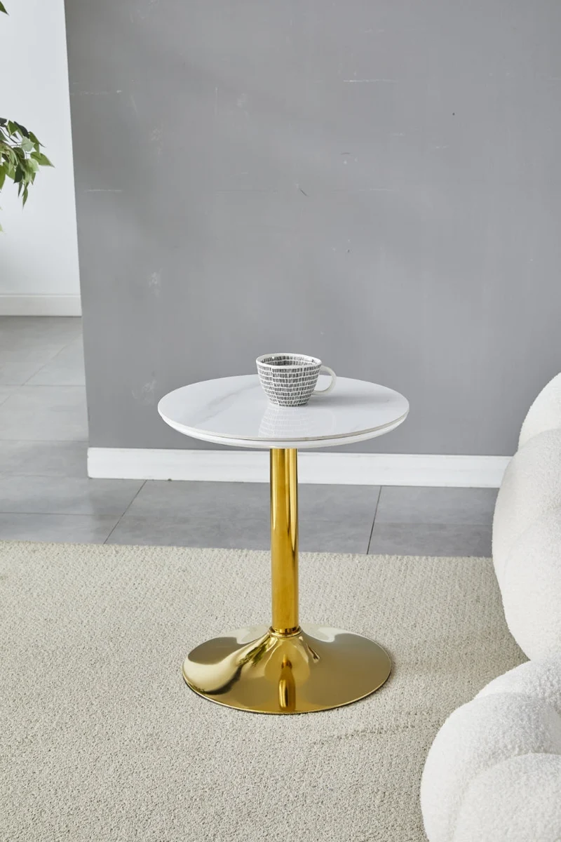 Guéridon Goya rond doré céramique marbre blanc