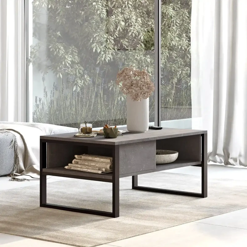 Table Basse “VALENCE” Bois GRIS & Acier Noir - 100x60cm
