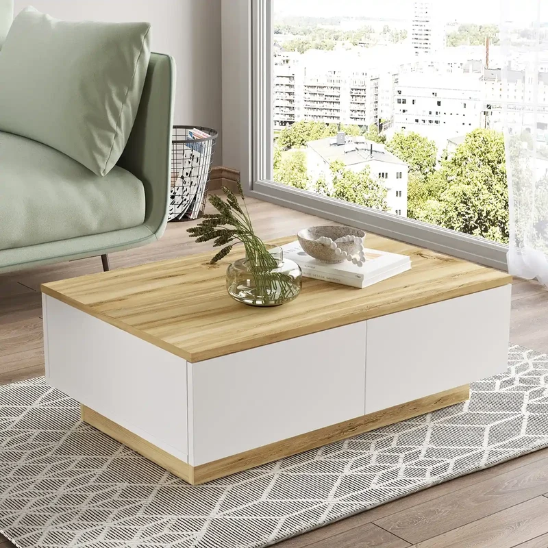 Table basse ELYSEO bois clair et blanc - Design moderne avec rangements intégrés - Table de salon contemporaine chic