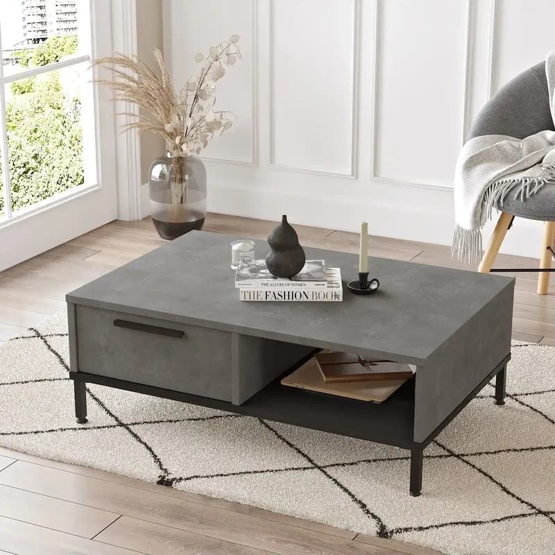 Table basse moderne grise CALLISTO - Effet béton, tiroir intégré, pieds acier noir - Style industriel contemporain