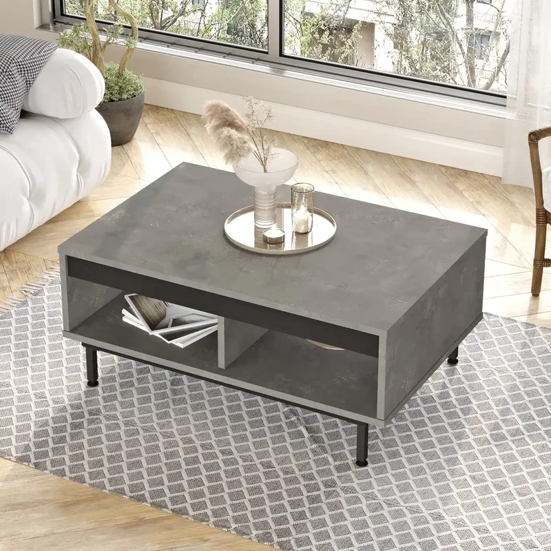 Table basse DIONE gris effet béton ciré – Design industriel gris & noir avec pieds en acier - Rangement intégré