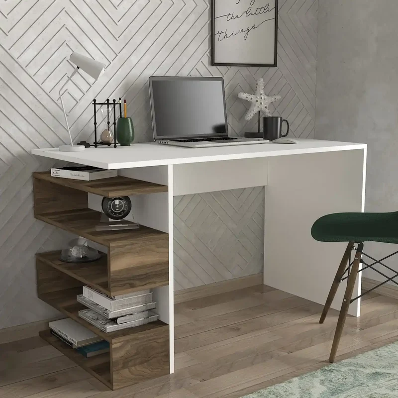Bureau Optimeo Blanc et Bois avec Étagères de Rangement - Design Moderne et Fonctionnel