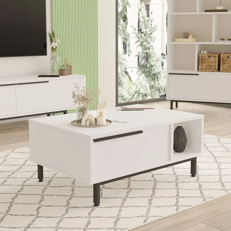 Table basse Vega blanche avec pieds en acier noir – Rangement intégré et design moderne