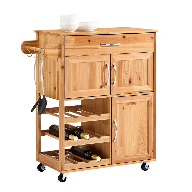 SoBuy FKW45-N Desserte Cuisine en Bois Massif à Roulettes – Range-Bouteilles, Tiroir, 2 Placards, Porte-Serviettes Réversible, 66×38×86 cm, 63 kg, Naturel