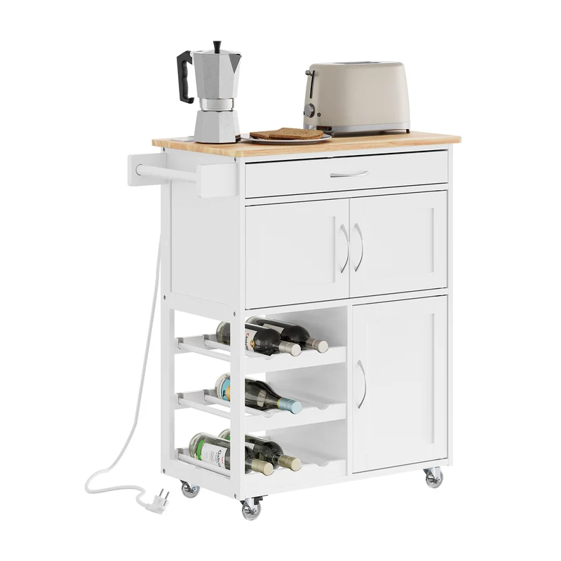 SoBuy FKW45-E-WN Desserte de Cuisine avec Prise Intégrée – 2 Prises + 2 USB, Casier à Bouteilles, Roulettes ou Pieds, 63 kg, Blanc et Bois