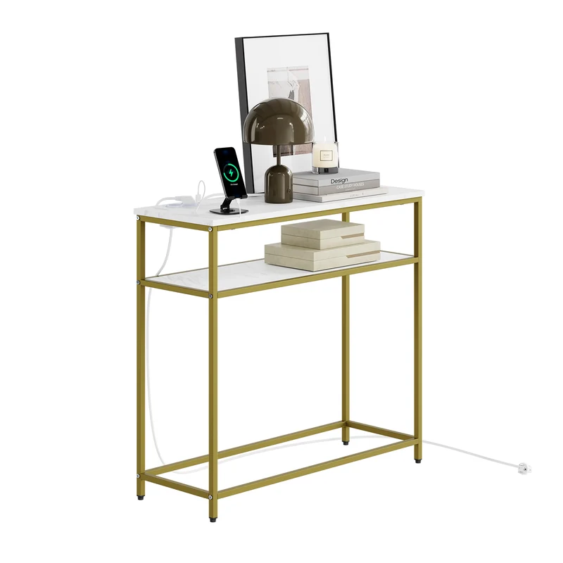 SoBuy FSB106-E-G Console d'Entrée et de Salon 80×30×75 cm avec Prises Intégrées – USB, USB-C, 2 Prises, Plateau Marbre Blanc, Structure Métallique Dorée, 2 Étagères